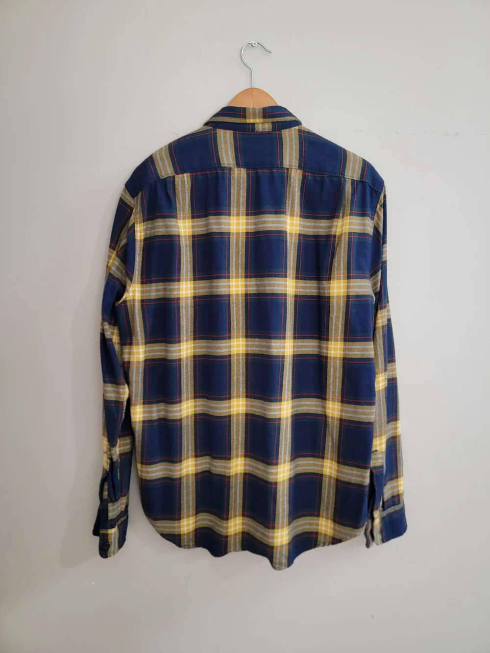 J. Crew Men's Navy and Yellow Plaid Button-Down Shirt Size Slim Large
